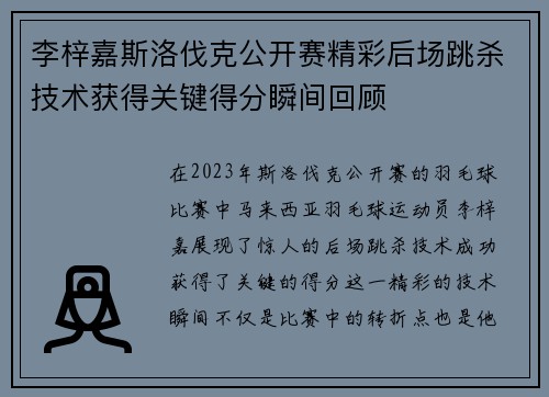 李梓嘉斯洛伐克公开赛精彩后场跳杀技术获得关键得分瞬间回顾