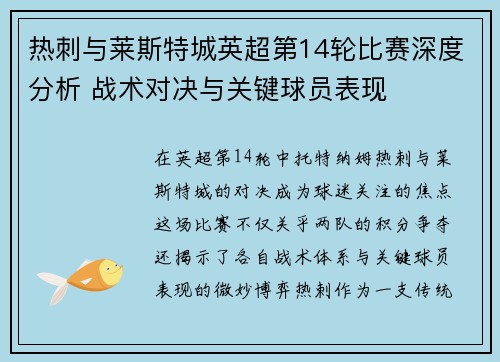 热刺与莱斯特城英超第14轮比赛深度分析 战术对决与关键球员表现 热刺与莱斯特城英超第14轮比赛深度分析 战术对决与关键球员表现