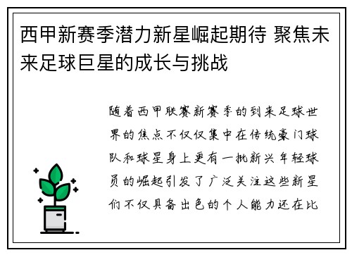 西甲新赛季潜力新星崛起期待 聚焦未来足球巨星的成长与挑战 西甲新赛季潜力新星崛起期待 聚焦未来足球巨星的成长与挑战