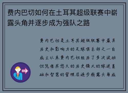 费内巴切如何在土耳其超级联赛中崭露头角并逐步成为强队之路